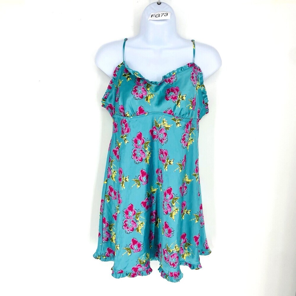 Vintage Victoria’s Secret Angels Floral Slip Dress Aqua Pink Ruffle M Nightgown